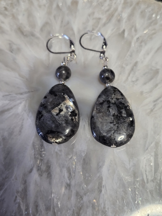 Artisan Jewelry - Teardrop Larvikite Dangle Earrings